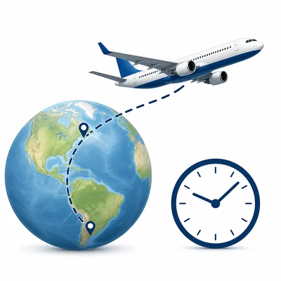 Airplane flying with a route line and clock symbol.