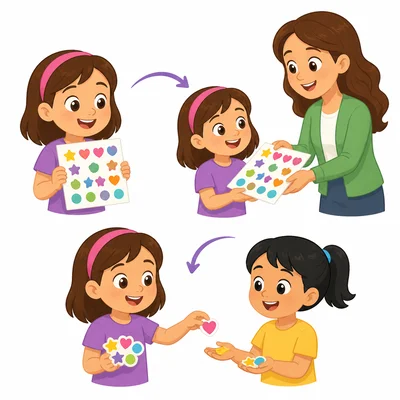 Mia gets stickers and shares some with a friend.