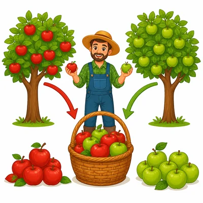 A farmer collects apples and puts some into a basket.