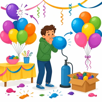 Balloons pop before a party and more are blown up.