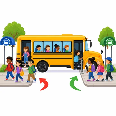 Passengers get off and on a bus at stops.