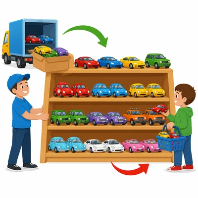 Toy cars are delivered to a store and some are sold.