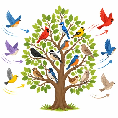 Birds are in a tree, with some arriving and some flying away.