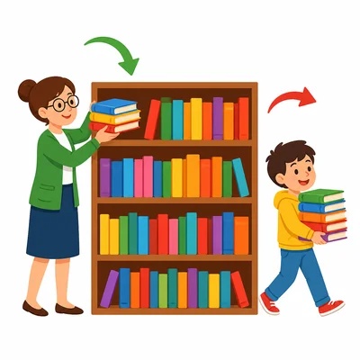 Books are added to a library shelf and some are checked out.