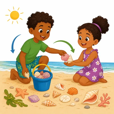 Jamal collects shells and gives some to his sister.