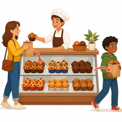 Muffins on a bakery counter are sold to customers.