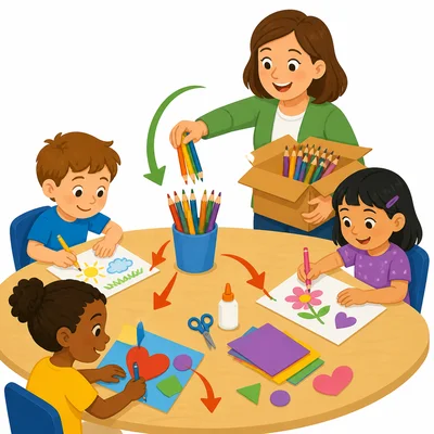 Pencils are added to a classroom supply cup and some are used.