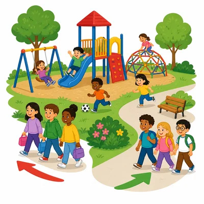 Children leave and arrive at a park playground.