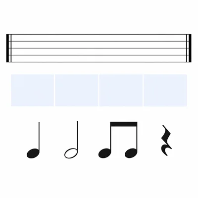 A blank measure with beat blocks and sample note and rest symbols for creating a rhythm.