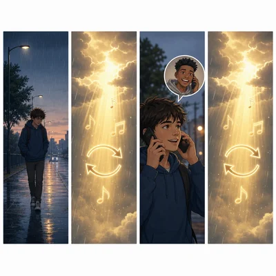 Four lyric-description panels showing story sections alternating with a repeated rain-and-light chorus image.