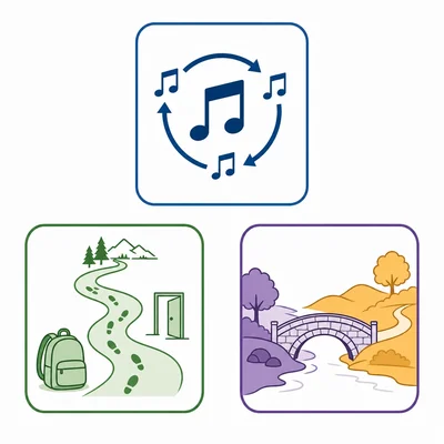 Three icon cards representing repeated chorus, story verse, and contrasting bridge sections.