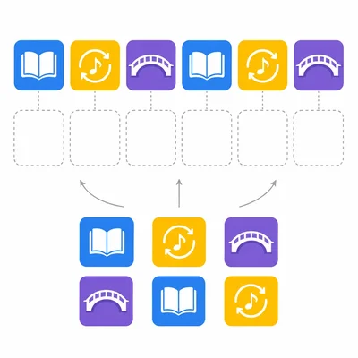 A set of unlabeled colored blocks with icons for building a song map using verses, choruses, and a bridge.