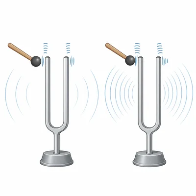 Two tuning forks with different vibration rates and sound waves.