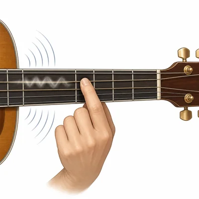 A finger pressing a guitar string on a fret to shorten the vibrating length.