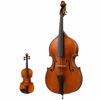 A violin beside a string bass showing shorter thin strings and longer thick strings.
