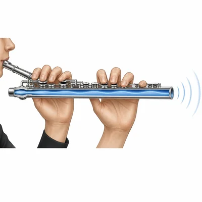 A flute with many holes covered, showing a long vibrating air column.