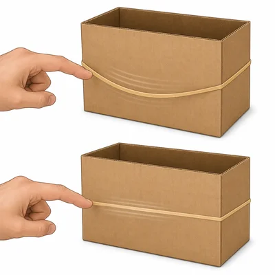 Loose and tight rubber bands stretched around boxes being plucked.