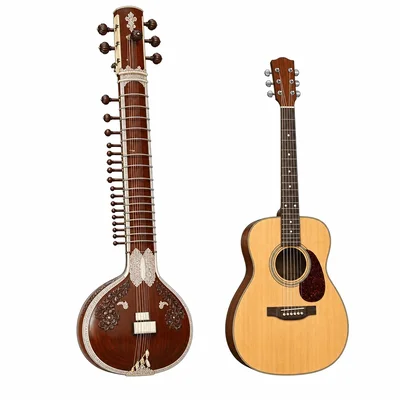 A sitar and an acoustic guitar shown side by side.
