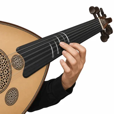 A musician slides fingers on the fretless neck of an oud.