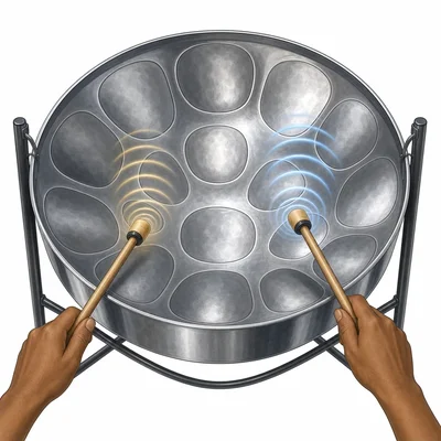 Mallets strike different tuned areas of a steelpan.