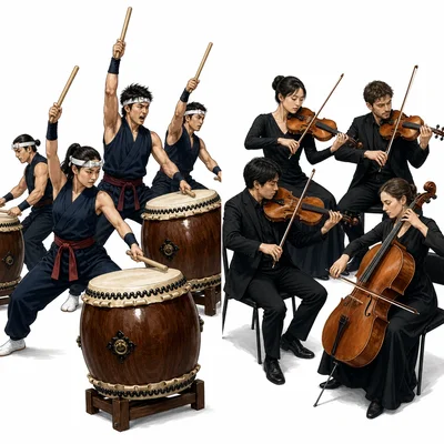 Taiko drummers are contrasted with a seated string quartet.