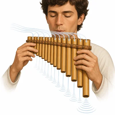 A pan flute with tubes of different lengths is played by blowing air.
