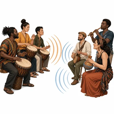 Two groups of musicians appear to exchange rhythmic phrases.