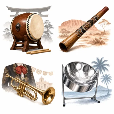 Four instruments are shown: taiko drum, didgeridoo, trumpet, and steelpan.
