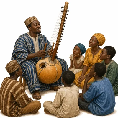 A kora player performs for a listening community group.