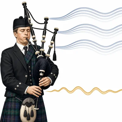 A bagpipe player creates steady continuous sound waves from drone pipes.