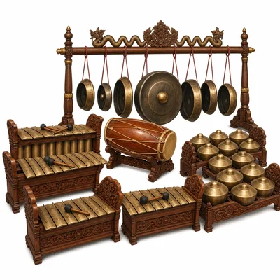 A gamelan ensemble with metallophones, gongs, and drums.