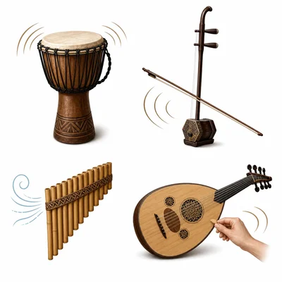 Djembe, erhu, pan flute, and oud shown with playing cues.