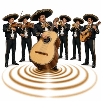 A guitarrón player supports a mariachi ensemble with low bass sound.