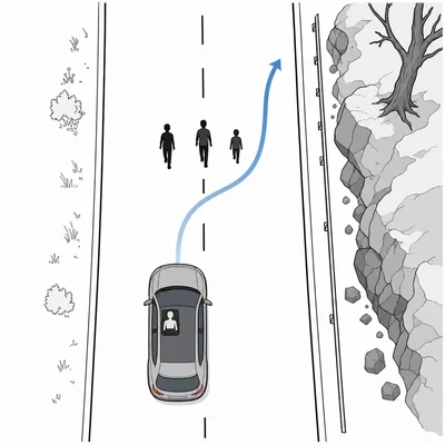 Diagram of a self-driving car facing a choice between pedestrians ahead and swerving toward a hazard.