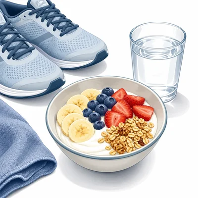 Recovery snack with yogurt, fruit, granola, and water after exercise.
