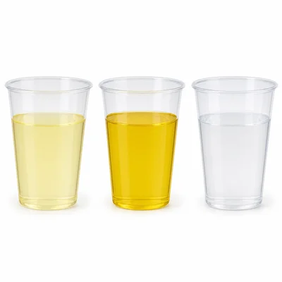 Three urine color samples showing pale yellow, dark yellow, and clear fluid.
