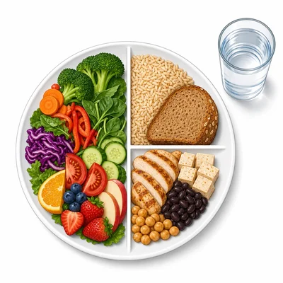 Balanced plate with fruits and vegetables, grains, protein, and water.
