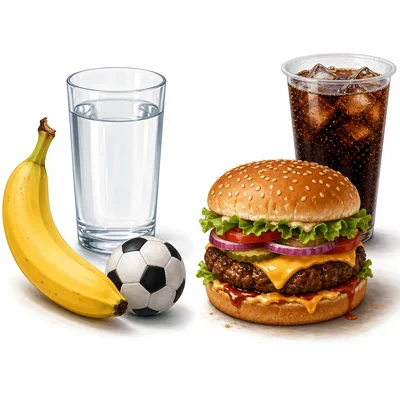 Banana with water compared with a cheeseburger and soda before soccer practice.