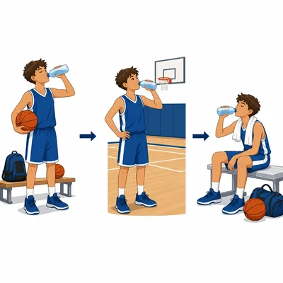 Basketball player drinking water before, during, and after practice.