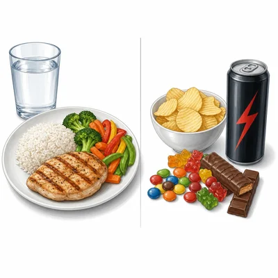 Balanced pre-game meal compared with candy, chips, and an energy drink.