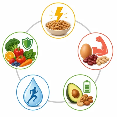Icons showing nutrient roles for energy, repair, body support, and hydration.