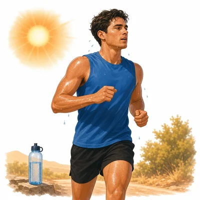 Runner sweating on a warm day with a water bottle nearby.