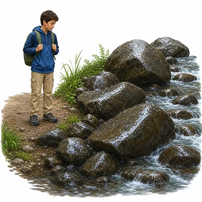 Wet slippery rocks beside a stream with a student staying on dry ground.