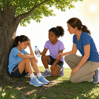 A hot, dizzy student rests in the shade while others help.