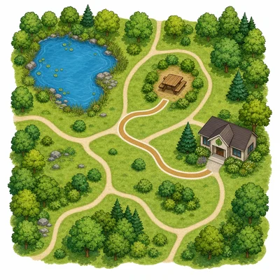 A simple park trail map with a picnic area, paths, pond, trees, and a nature center.