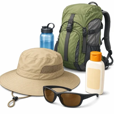 Sun protection items including a hat, sunglasses, and sunscreen.