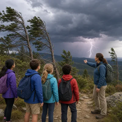 Hikers notice dark clouds and distant lightning on a trail.