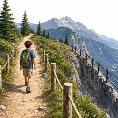 A child stays on a marked hiking trail away from a fence.