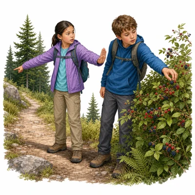 A student stops a friend from picking wild berries beside a trail.