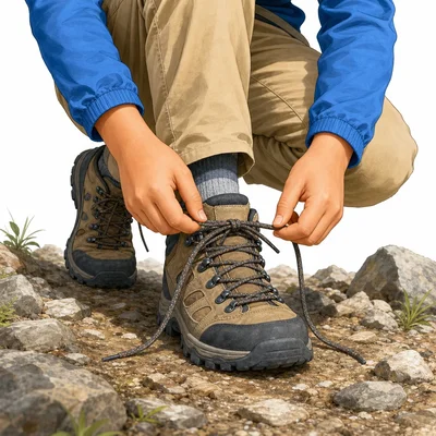 A student ties an untied shoelace before walking on rocky ground.